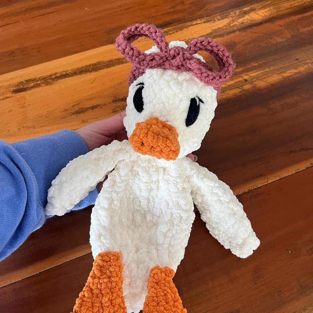 Handmade Plush White Duck with Pink Bow